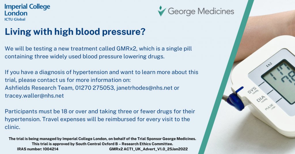 Living with high blood pressure? GMRx2 trial advert from Imperial College London and George Medicines.