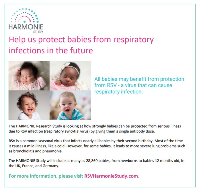 Harmonie Study advert. Help us protect babies from respiratory infections in the future.